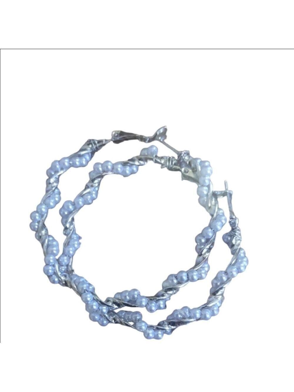 Silver White Pearl Hoop Earrings